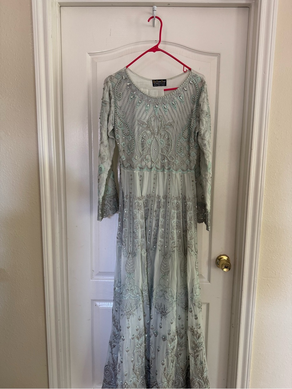 Embellished Long Sleeve Maxi Dress in Pale Mint